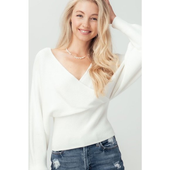 NEW White Wrap V Neck Dolman Sleeves Cozy Sweater - Picture 3 of 12